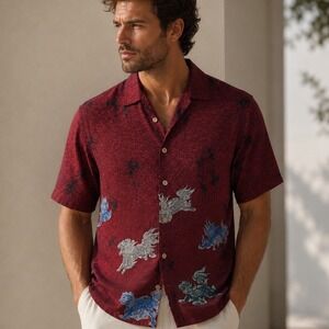 Citron Silk Button Down Shirt Mens M Burgundy Foo Dog Bamboo‎ Asian Print